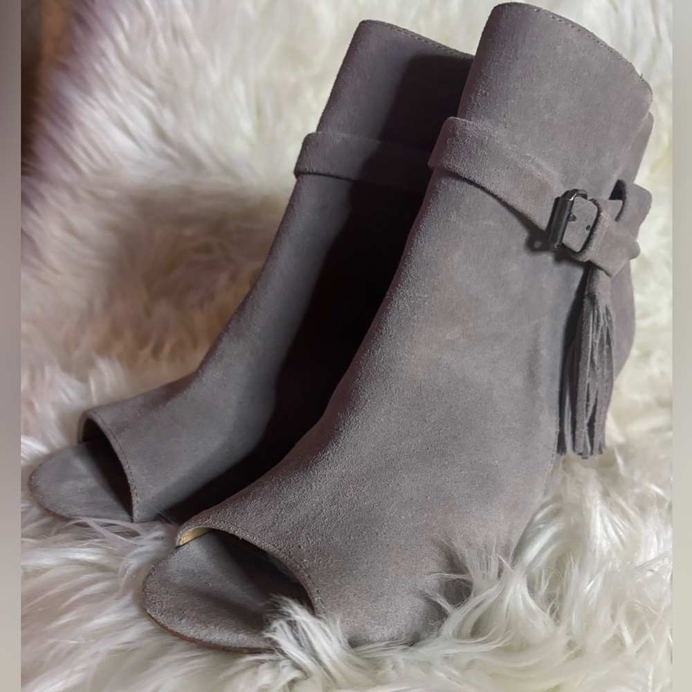 Gray Suede Peep-Toe Ankle Boots